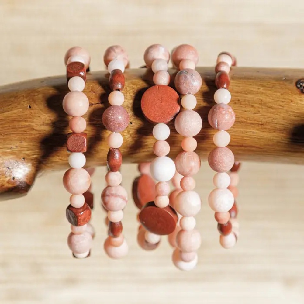 Blushing Pink and Brown Beaded Bracelet Set
